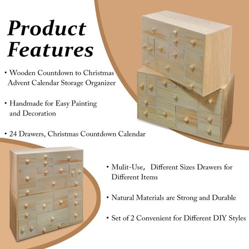 Gkesgm Wooden Countdown to Christmas Advent Calendar, Storage Organizer with 24 Drawers, Jewelry Box, Desktop Organizer, DIY Unfinished Wood Set of 2 Refillable Wooden Advent