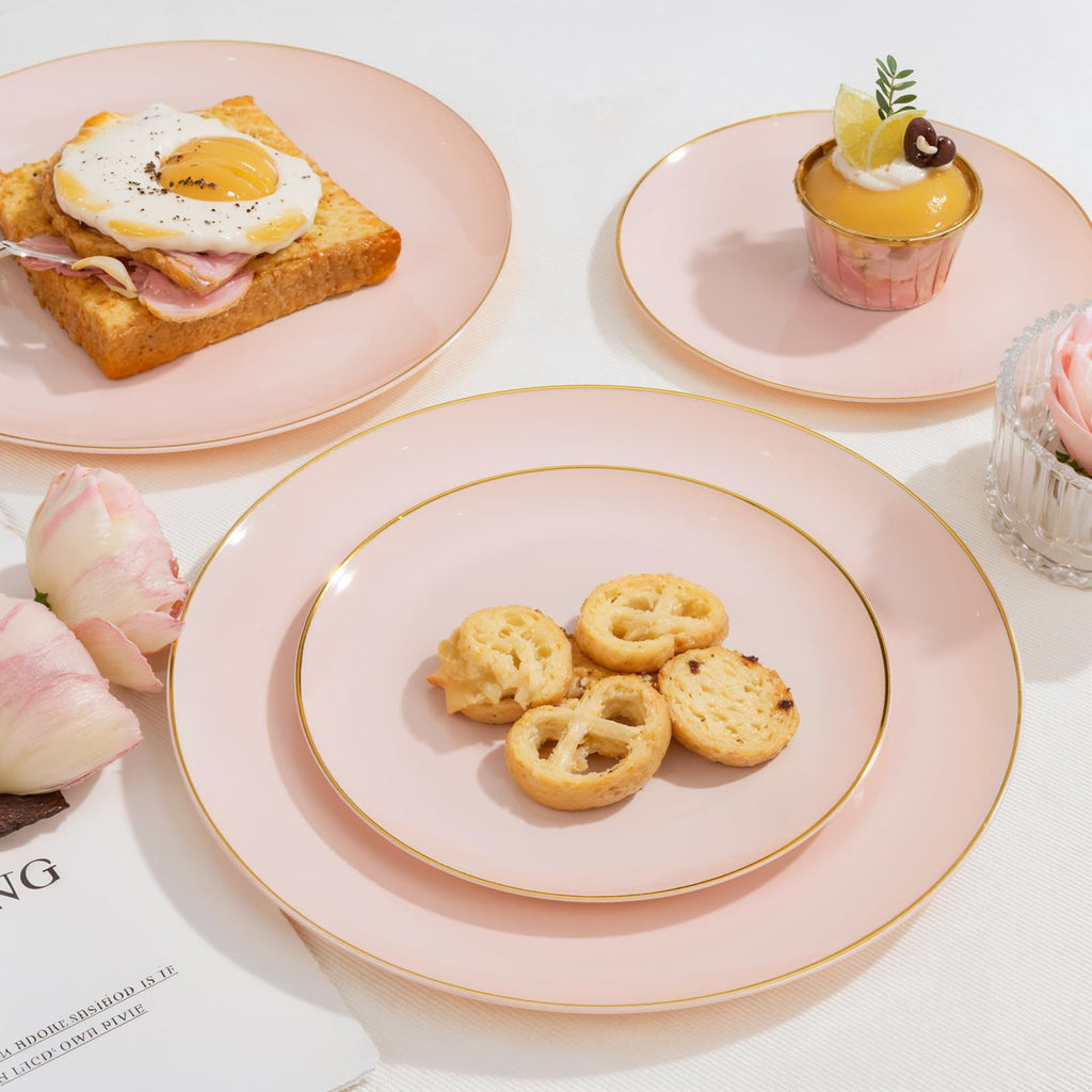 PULOTE 200Pieces Pink Plastic Plates - Premium Hard Pink and Gold Disposable - Include 100PCS 10 inch Dinner & 100PCS 7 inch Dessert Plates, Ideal for Wedding, Party & Mother's Day