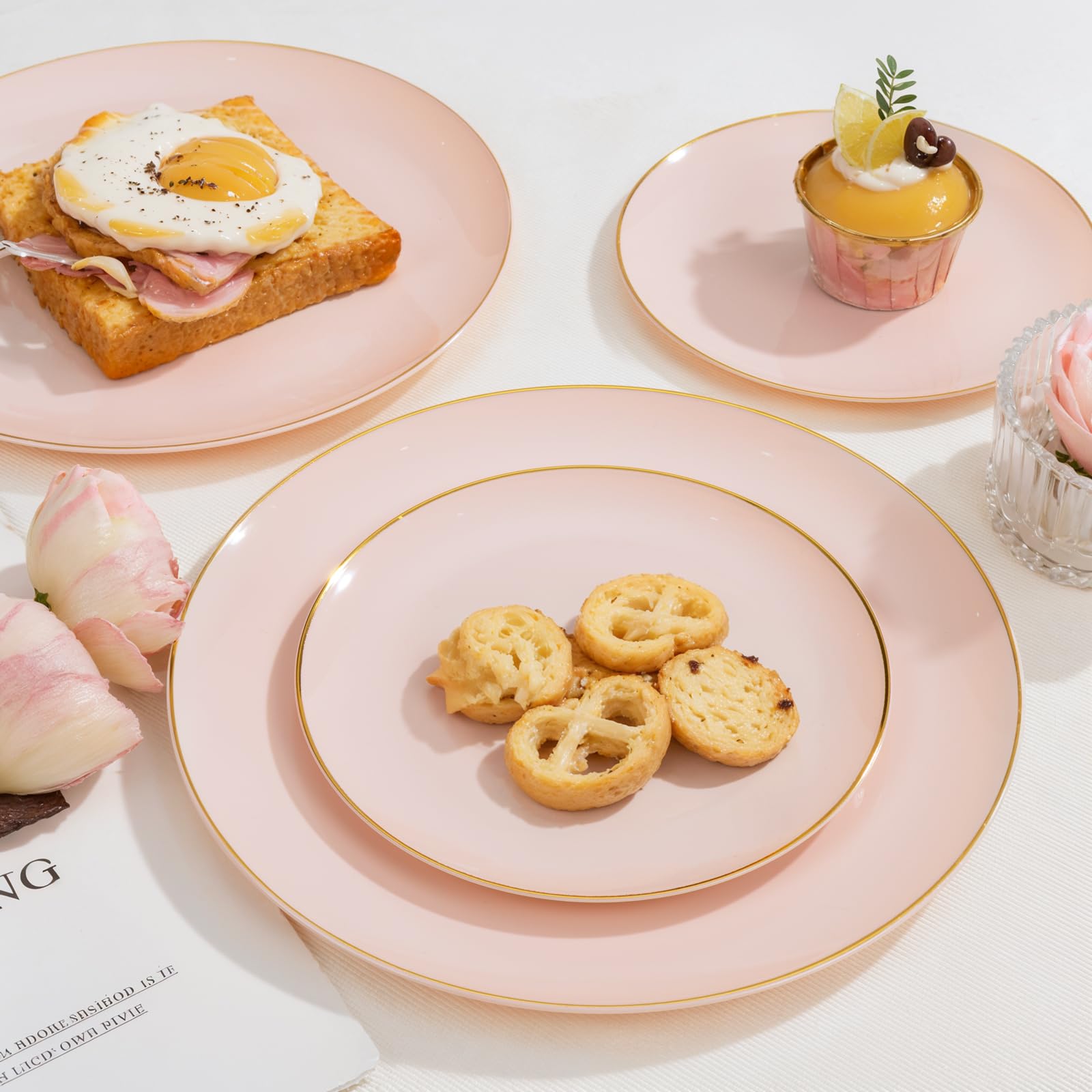 PULOTE 200Pieces Pink Plastic Plates - Premium Hard Pink and Gold Disposable - Include 100PCS 10 inch Dinner & 100PCS 7 inch Dessert Plates, Ideal for Wedding, Party & Mother's Day