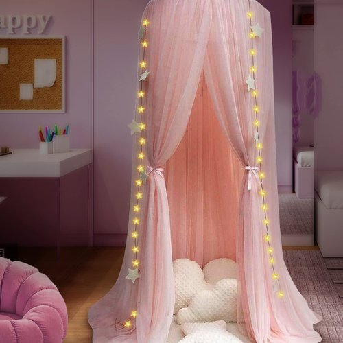 Anmas Home Bed Canopy Mosquito Net with Star Lights，Princess Play Canopy for Girls Room - Dome Net Curtains for Baby Game Dream Castle, Girls Room Decor, Pink