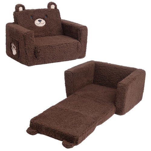 ALIMORDEN Fold Out Toddler Couch, Comfy 2-in-1 Cuddly Sherpa Bear Chair for Kids, Convertible Sofa to Lounger, Kids Cozy Corner Play Couch for Boys and Girls, Chocolate