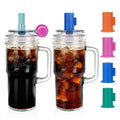 ANOTION Bamboo Mason Leakproof Mason Jar Cups with Lids and Straws, Cap Cup 24oz Glass Tumbler with Handle, Rotating Lid Silicone Straw, Reusable Iced Coffee Matcha Cup Coffee Gifts for Women 2pc