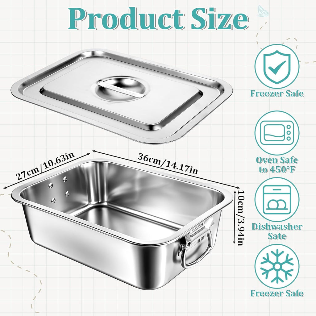 Skiennix 4-Inch Extra Deep Lasagna Pan - Nonstick Stainless Steel Baking Dish with Lid & Handles | 14x10.6 Inch Silver