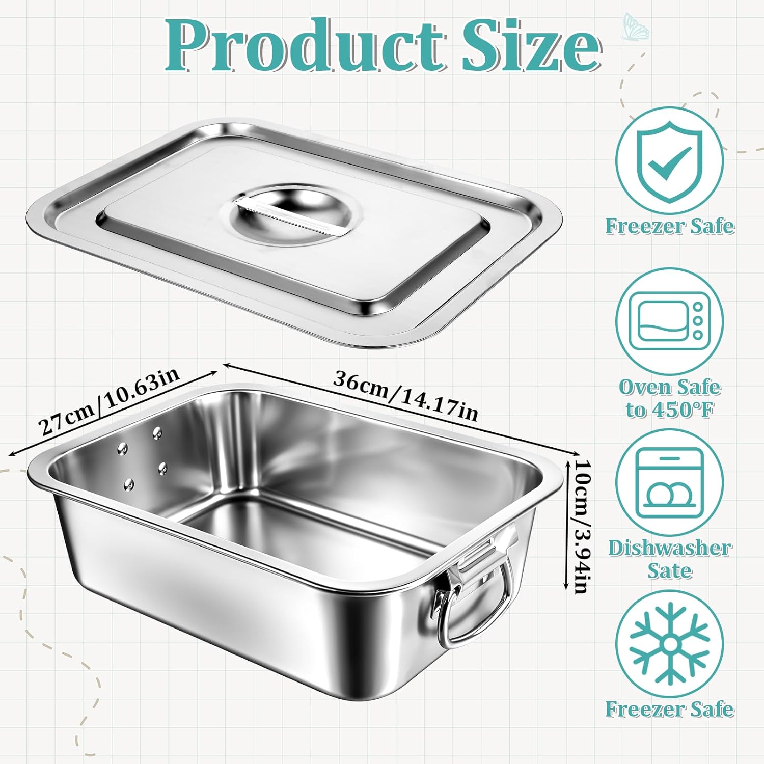 Skiennix 4-Inch Extra Deep Lasagna Pan - Nonstick Stainless Steel Baking Dish with Lid & Handles | 14x10.6 Inch Silver