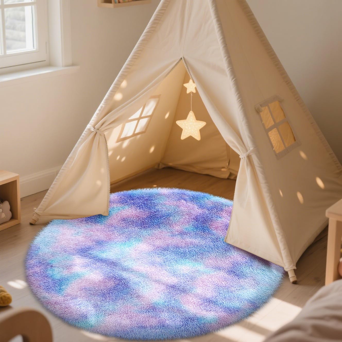 OLANLY Round Purple Rainbow Rug - Soft, Fluffy, Machine Washable 4x4 Feet Area Carpet for Kids' Rooms | Home Decor