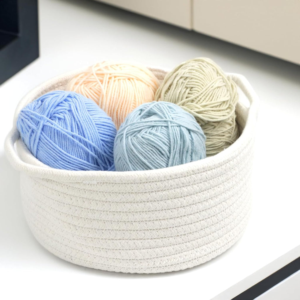 Woven Basket by [Brand Name] - Cute White Storage Solution with Handle | Small Cotton Rope Bin for Nursery