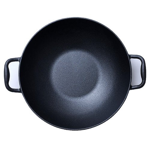 Keleday Flat Bottom Cast Iron Wok with Lid 14 Inch,Pre-Seasoned Best Non Toxic Wok,Chinese Japanese Wok double handle for Induction and Open Fire