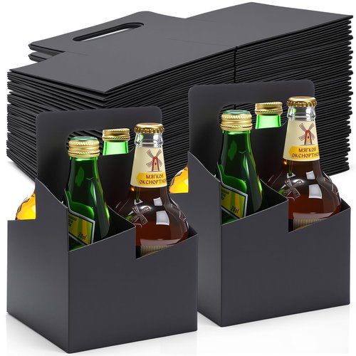 Jetec 100 Pcs 50 Pcs 4 Cup Drink Carrier with Handle, Kraft Paperboard Beer Carrier, Disposable Drink Holder for Hot or Cold Drinks, 12-16 oz Bottle Holder for Food Delivery Beverages (Black)