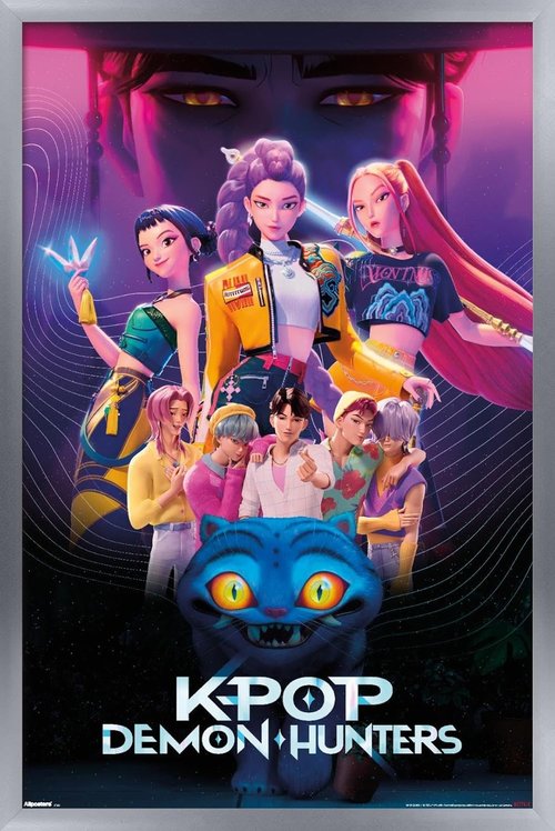 Netflix KPop Demon Hunters Wall Poster - Silver Framed, 22.4L x 14.7W for Stylish Decor