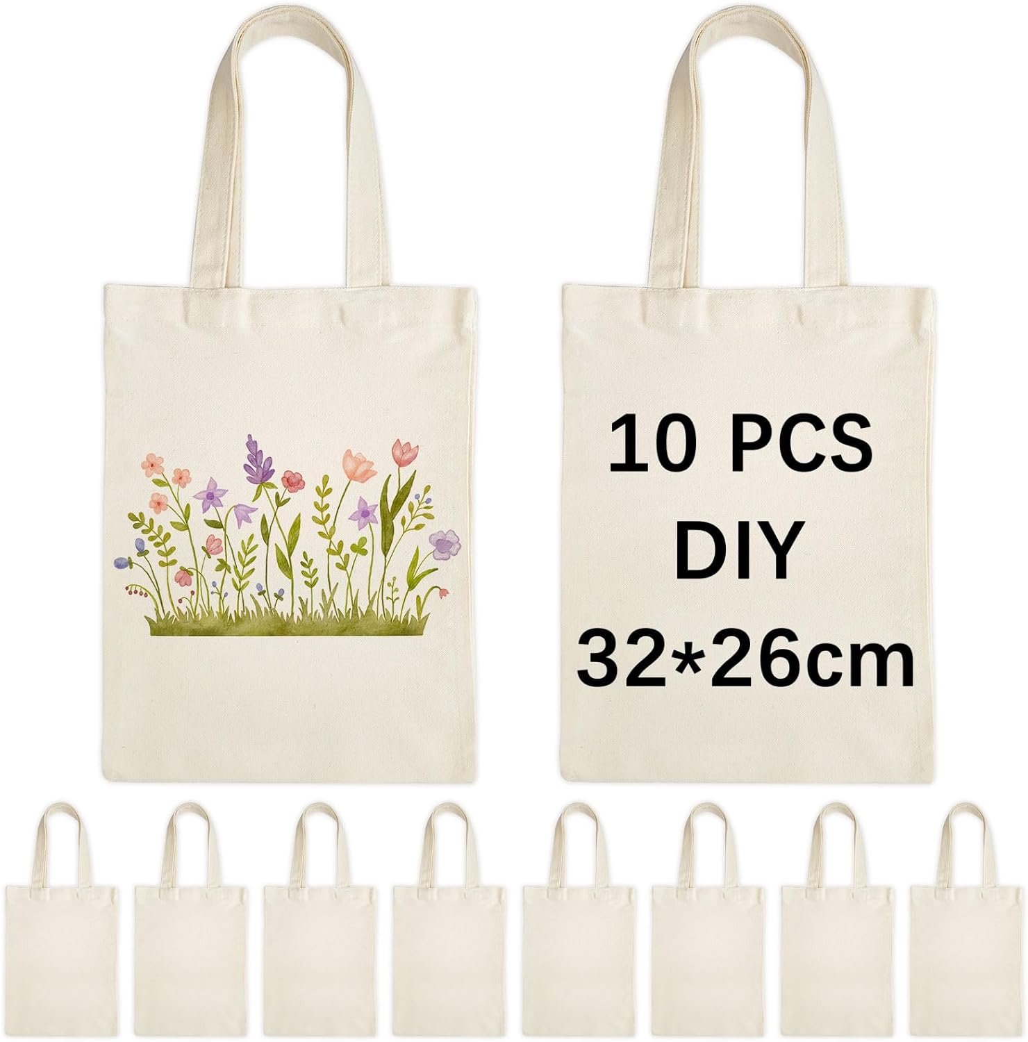OKBA Mini Tote Bags - 10 Pack Reusable Blank Canvas Bags for Kids | 10.2 x 12.6 Inches