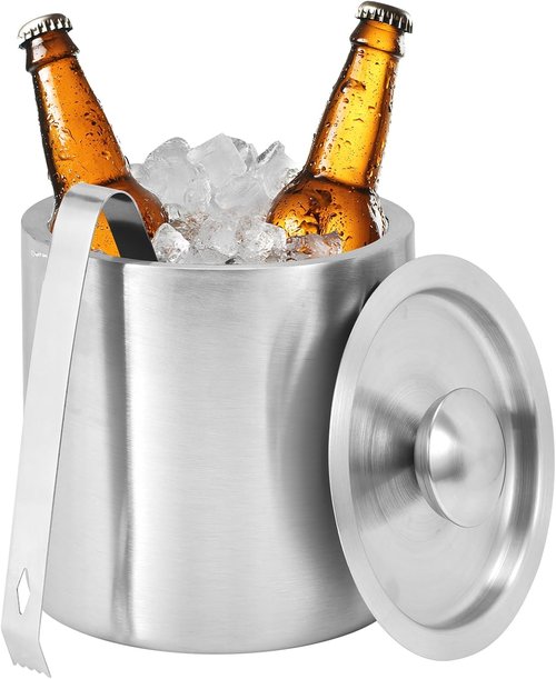 1.3L Stainless Steel Ice Bucket with Lid and Tongs, Small Double Wall Ice Pail Chill Container for Cocktails, Beer, Wine, Champagne, Keep Drinks Frozen Longer at Home, Bars, Parties, Outdoor