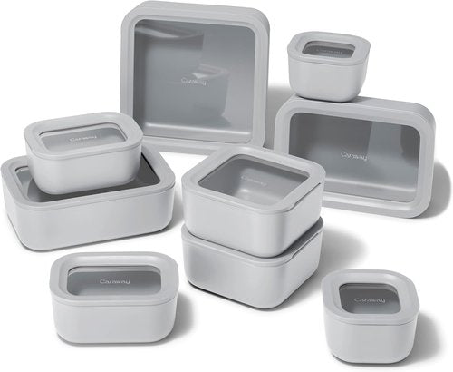 Caraway 22pc Glass Food Storage Set - Non-Toxic Ceramic-Coated Containers - Compact & Stackable - Gray