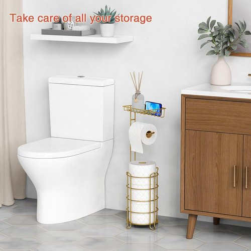 Goozii Gold Free Standing Toilet Paper Holder - Stylish Floor Stand with Phone Shelf & Wipes Tray