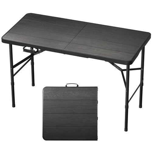RootRise 4Ft Folding Table Portable Folding Tables Heavy Duty 400 lbs Capacity, Wood Grain Tabletop for Working Meeting Parties, Picnic, Camping, Weddings, Garden Dining-Black (4FT)