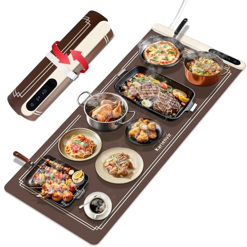 Warming Mat for Food Extra Large 35 Inch, Graphene Food Warming Mat,Heating Food Warmer 7MM Raised Feet,Electric Warming Tray Rollable & Portable,6 Level Temp & 6 Timer Setting, Brown(36.02" x 15.75")