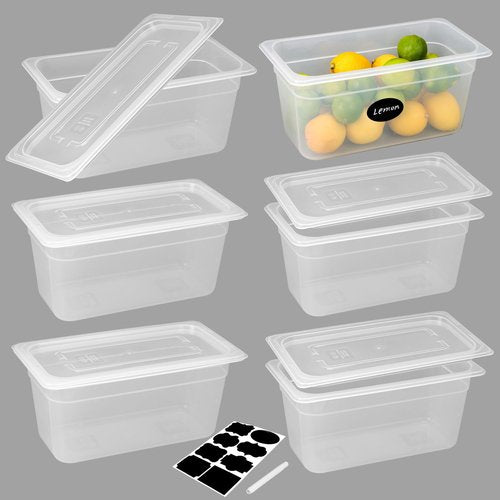 BIEAMA 6 Pack Plastic Food Pans with Lids, 1/3 Size 6'' Deep, Translucent, Commercial, BPA-free, Stackable Storage for Restaurants, Buffets