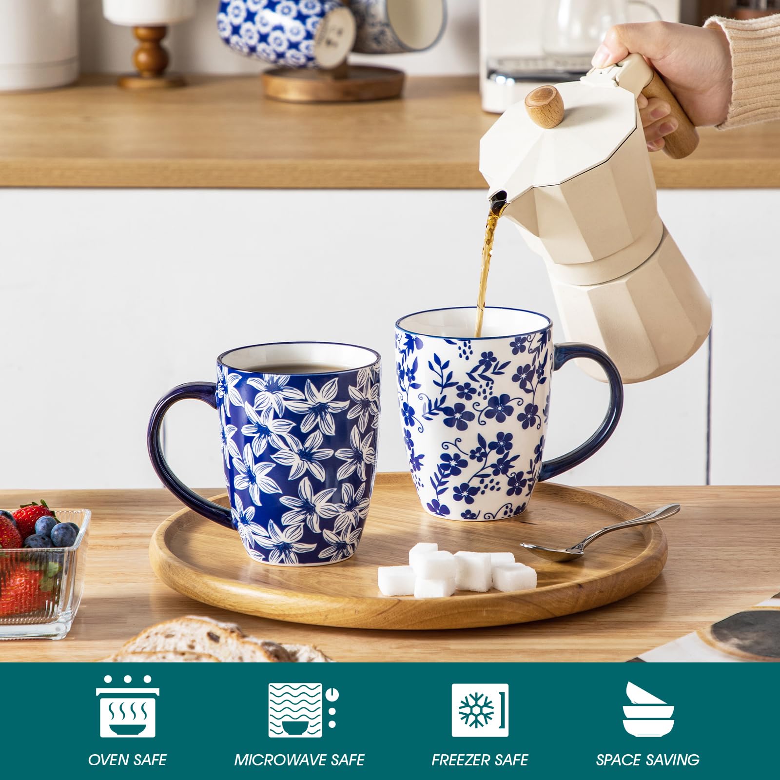 vancasso SELENE Large Coffee Mugs Set of 6, 16 Oz Porcelain Coffee Cups with Handle, Ceramic Tea Cup for Cappuccino, Latte, Tea, Cocoa, Dishwasher & Microwave Safe Gift Sets, Vintage Blue