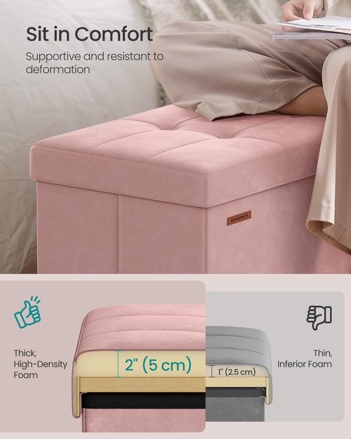 SONGMICS Mazie Collection - 43 Inches Storage Ottoman, Foldable Storage Bench with Flipping Lid, 660 lb Load Capacity, for Entryway, Living Room, Bedroom, Velvet Fabric, Jelly Pink ULSF078SA01