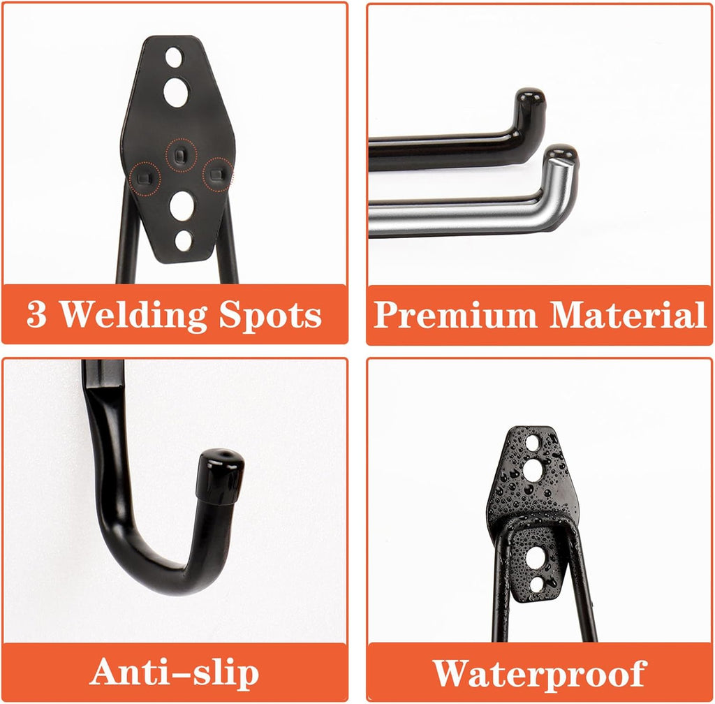 TocTen Garage Hooks - Heavy Duty Solid Steel Wall Mount Storage Kit | 14 Pack with Anti-Slip Coating for Tools & Ropes (Black)