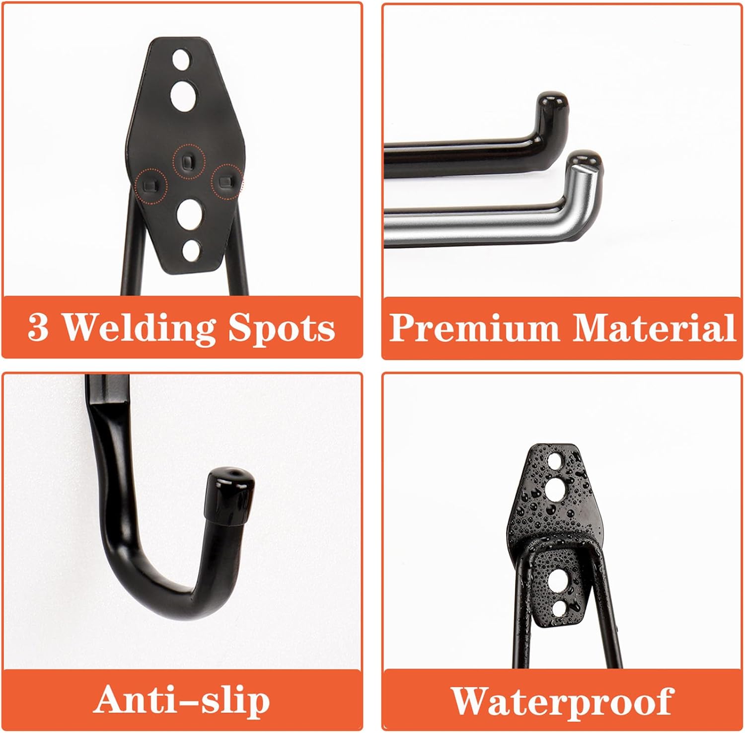 TocTen Garage Hooks - Heavy Duty Solid Steel Wall Mount Storage Kit | 14 Pack with Anti-Slip Coating for Tools & Ropes (Black)