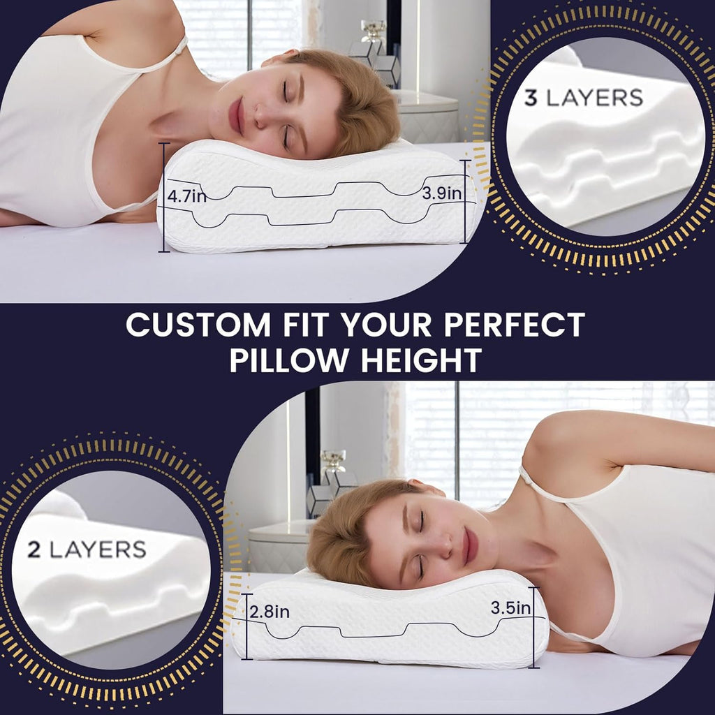 Memory Foam Neck Pillow for Sleeping, Cervical Neck Pillow for Neck Pain Relief, Queen Ergonomic Orthopedic Adjustable Contour Pillow for Side, Back & Stomach Sleepers (23.6"×14"×4.7"/3.9")