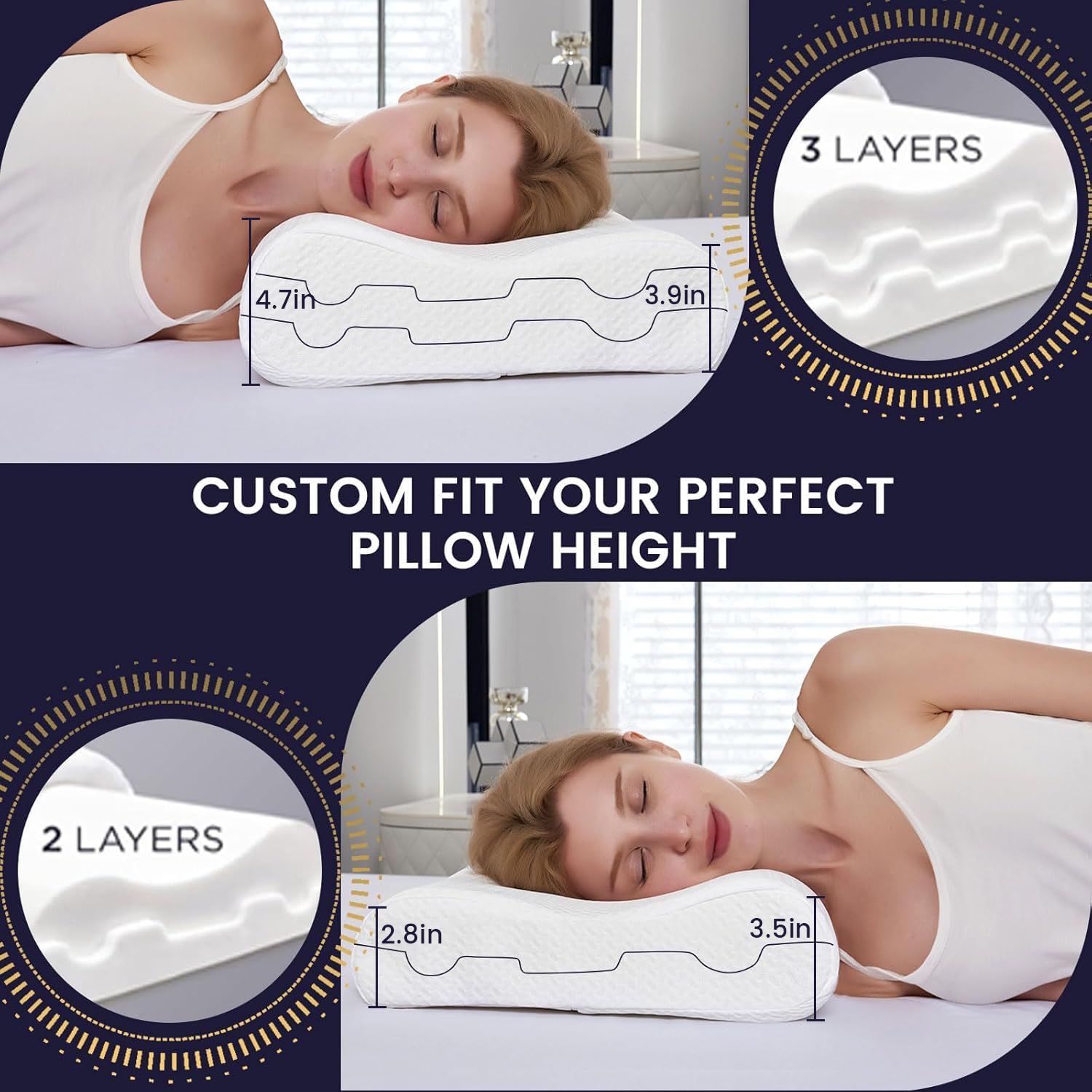 Memory Foam Neck Pillow for Sleeping, Cervical Neck Pillow for Neck Pain Relief, Queen Ergonomic Orthopedic Adjustable Contour Pillow for Side, Back & Stomach Sleepers (23.6"×14"×4.7"/3.9")