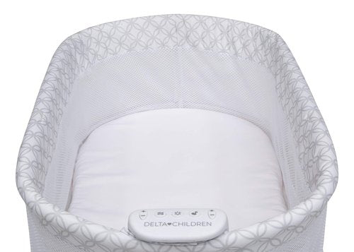 Delta Children Sweet Dreams Bassinet with Airflow Mesh Bedside Portable Crib with Vibration Lights and Music, Grey Infinity