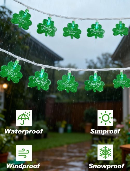 Adirxon 12FT St Patricks Day String Lights - 20 LED Shamrock Lights with St. Patrick's Day & Lucky Printed Text, Connectable Green Clover Decor for Pub Party Home Outdoor Indoor (White Wire)