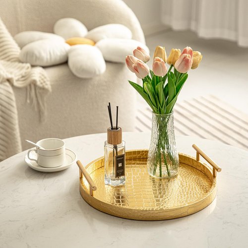 JUMBO HUMBLE Modern Decorative Tray Set of 2, Wooden Round Crocodile Leather Tray with Polished Metal Handles, Decorative Serving Trays Coffee Table Trays Ottoman Platter for Home Decor (Golden)