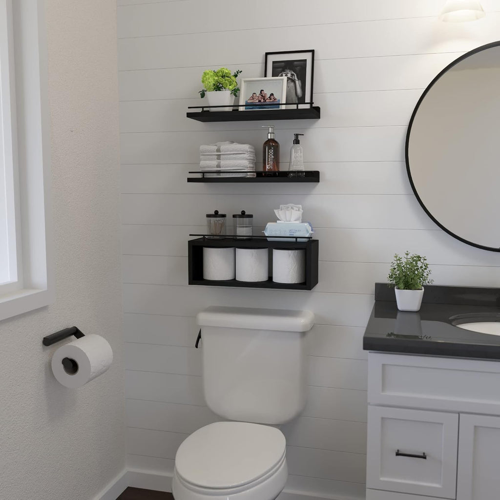 WOPITUES Floating Wall Shelves - Stylish Cube Shelf with Metal Rail for Bathroom Storage | Black
