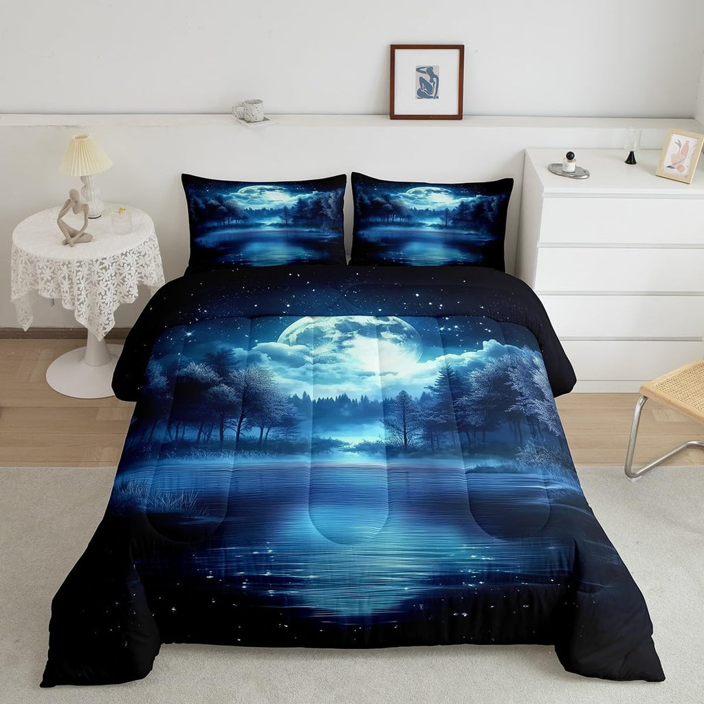 jejeloiu Moon Tree Lake Comforter Set King Size Kids Natural Scenery Bedding Set for Boys Girls Teens Starry Night Sky Comforter Breathable Nature Duvet Set Room Decor Quilt Set