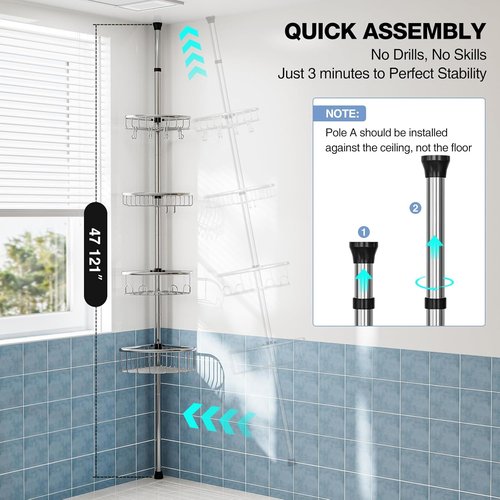 Corner Shower Caddy Tension Pole - Stainless Steel 4-Tier Rustproof Organizer | 47-121 Inch Adjustable Bathroom Shelves for Shampoo Storage - Silver
