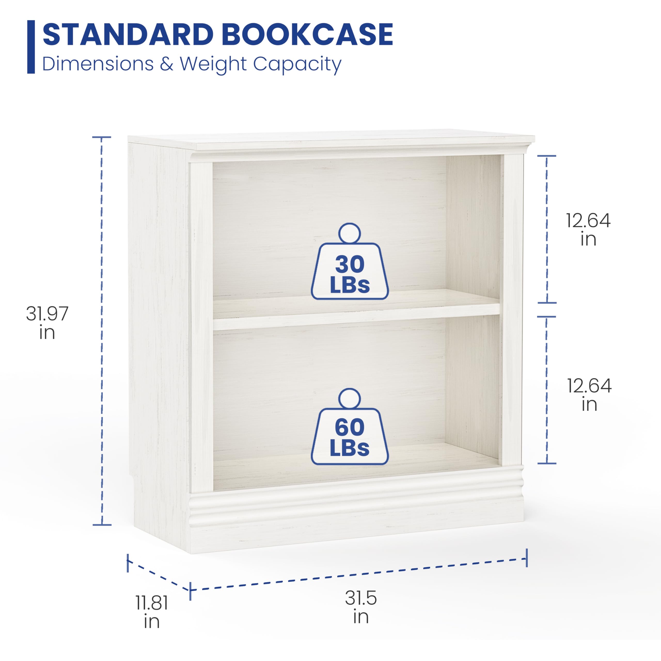 Fllution 2-Shelf Bookcase, 32 in Tall Cream White 31.5 in Wide Floor Standing Bookshelf, Floor Standing Display Storage Shelves with Adjustable Shelves for Living Room Hallway Home Office Bedroom