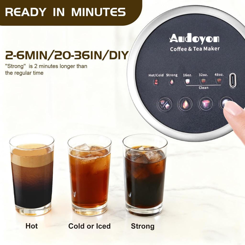 Audoyon Portable Rapid Coffee Maker – 2-6 Min Quick Brew Electric Coffee & Tea Infuser Makes Smooth, Low-Acid Coffee, 16oz Stainless Steel Travel Cup for Camping, Office, Hiking, Beach, Hotel, RV