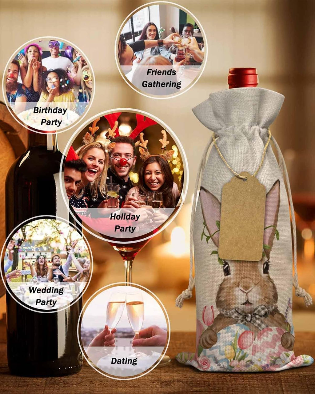 PIEPLE Easter Bunny 10PCS Wine Bottle Bags, Wine Bottle Cover with Drawstring, Gift Bag for Champagne, Wedding, Birthday, Party Spring Colorful Easter Eggs Flowers Burlap
