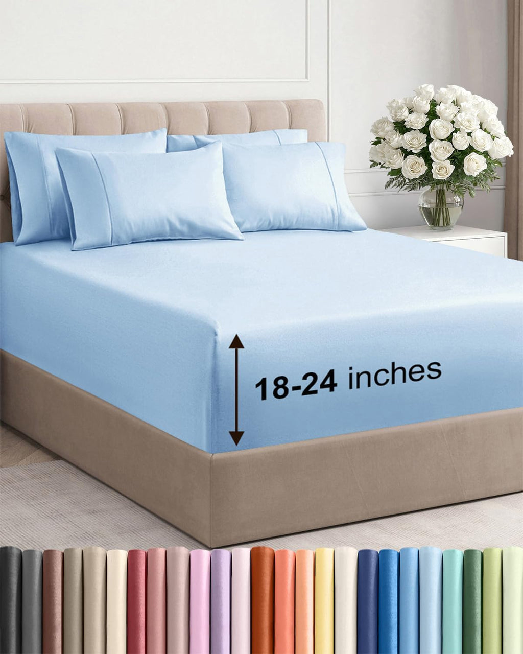 Skiennix Extra Deep Full Sheet Set - 6 Piece Breathable Cooling Bedding - Soft Wrinkle-Free Light Blue