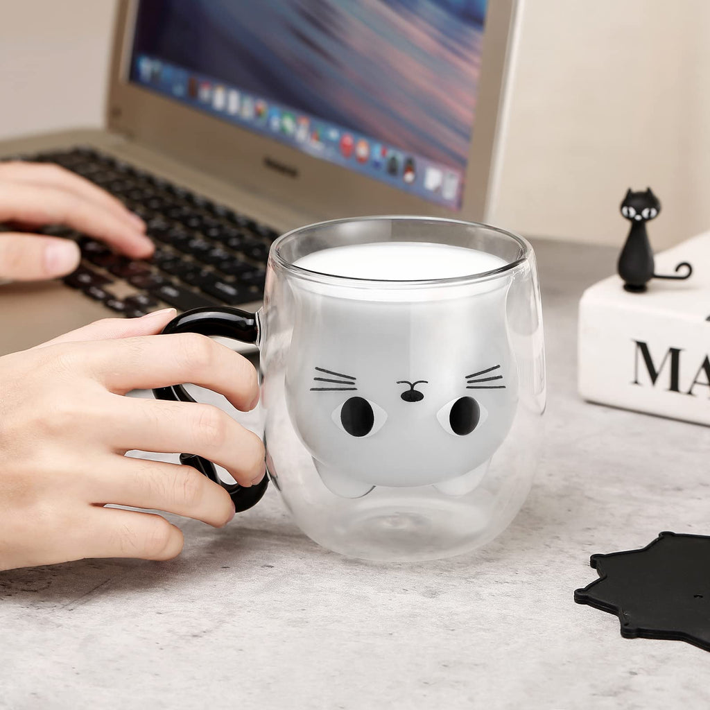 Phitihui Cat Mugs, Double Wall Glass Cute Coffee Tea Cup, Graduation Valentines Mothers Day Easter Halloween Christmas Gifts for Women Wife Mum Her Girl Teacher Friend, Birthday Present Idea