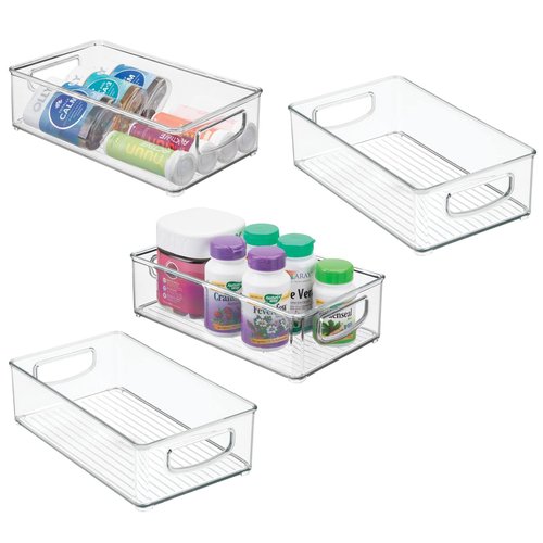 mDesign Plastic Bathroom Storage Container Bins w/ Handles - Closet, Cabinet, Vanity, Cupboard Shelf Organization, Hair Tools Accessory Organizer - Ligne Collection; Clear, 10x6x3 (Pack of 4)