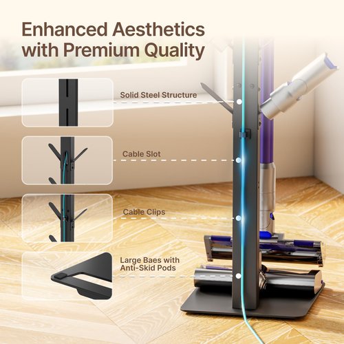 PEGZONE Vacuum Stand Compatible with Dyson G5 V15 V12 V11 V10 V9 V8 V7, S11 A10 A11, NEC180 280TL, Cordless Vacuum Holder with 8 Storage Hooks, Accessories & Attachments Organizer, Black