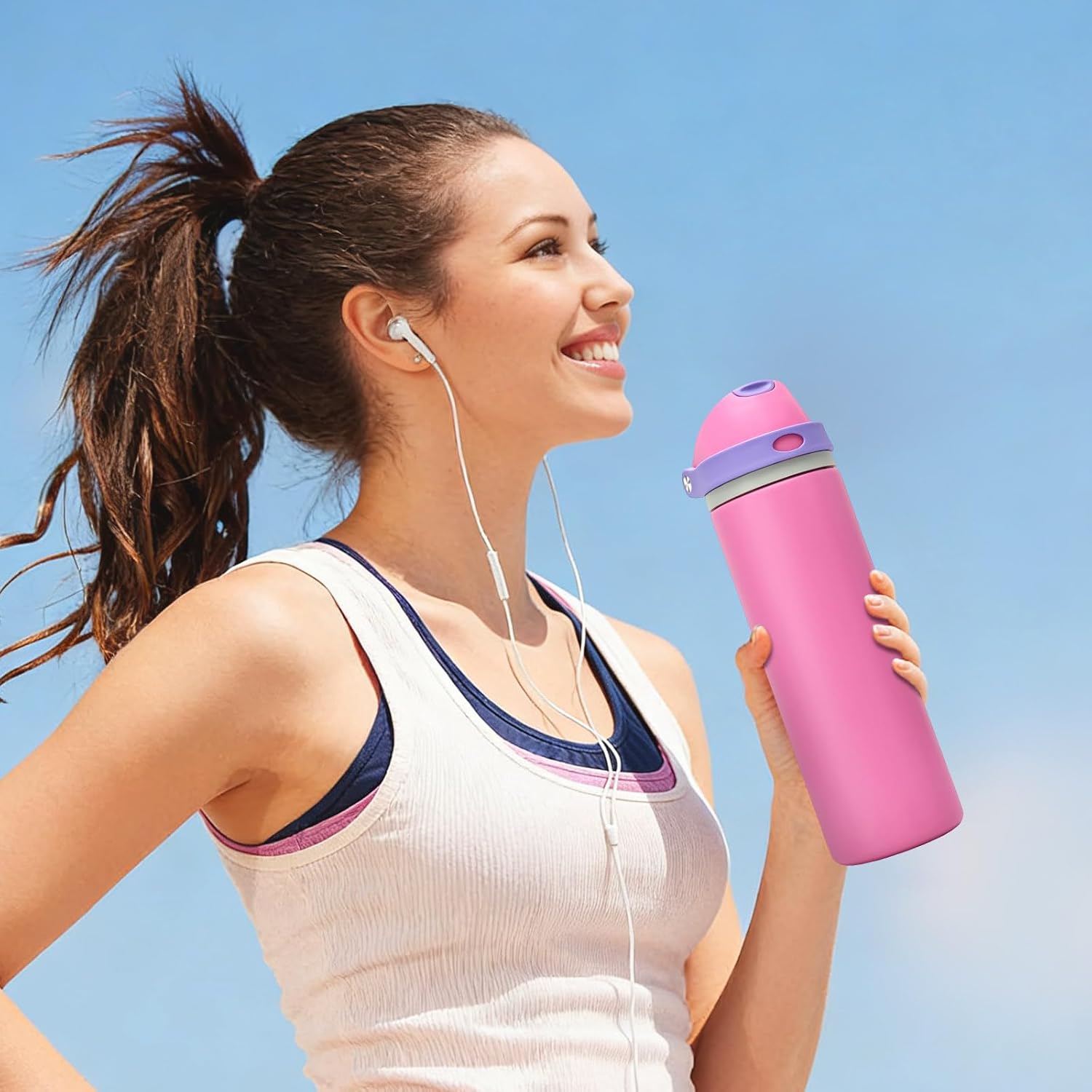 Skiennix 24 oz Insulated Water Bottle - Leak Proof Stainless Steel with One-Touch Flip Lid & Straw | Pink
