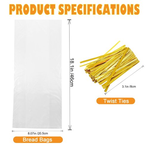 Homrelaxy 120Pcs Plastic Bread Bags for Homemade Bread and 120 Ties, 18 x 8 x 4 Inch Reusable Clear Loaf Bags, Adjustable, Perfect for Home Bakers and Bakeries (120Pcs)