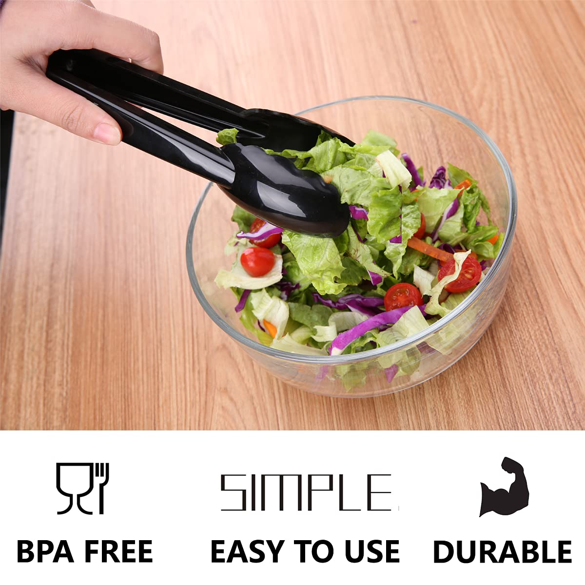 ICHROSAYA 24 Pieces Plastic Serving Tongs, Scalloped Grip Disposable Salad Tongs, 9" Heavy-Duty Serving Utensils, BPA-Free, Perfect for Buffets, BBQ, Parties & Catering Ice Food, Black