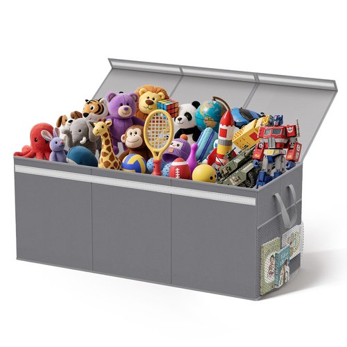 Lewondr 160L Extra Large Toy Storage Organizer with Lid, 40"x16"x16"Collapsible Sturdy Toy box, Toy Chest for Boys Girls, Toybox Storage Bins with 3 Removable Dividers for Living Room, Nursery, Grey