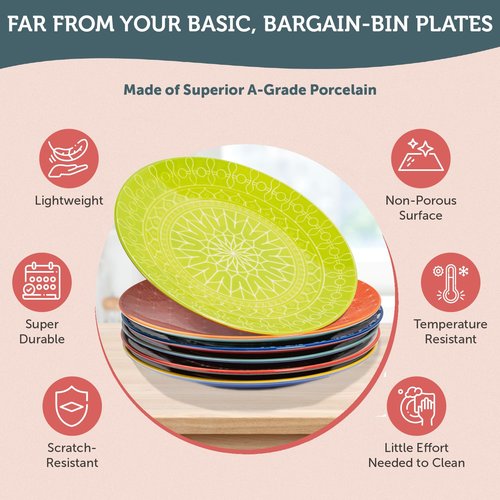 Annovero Salad Plates - Small Plate for Serving Appetizer, Lunch, Sandwich - Microwavable - Decorative Cute Colorful Porcelain Boho Dish Set for 6 - Zero Lead & Cadmium - 8.5 Inch Diameter