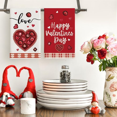 Artoid Mode Strawberry Chocolate Love Heart Valentine's Kitchen Towels Dish Towels, 18x26 Inch Wedding Anniversary Decoration Cleaning Set of 4