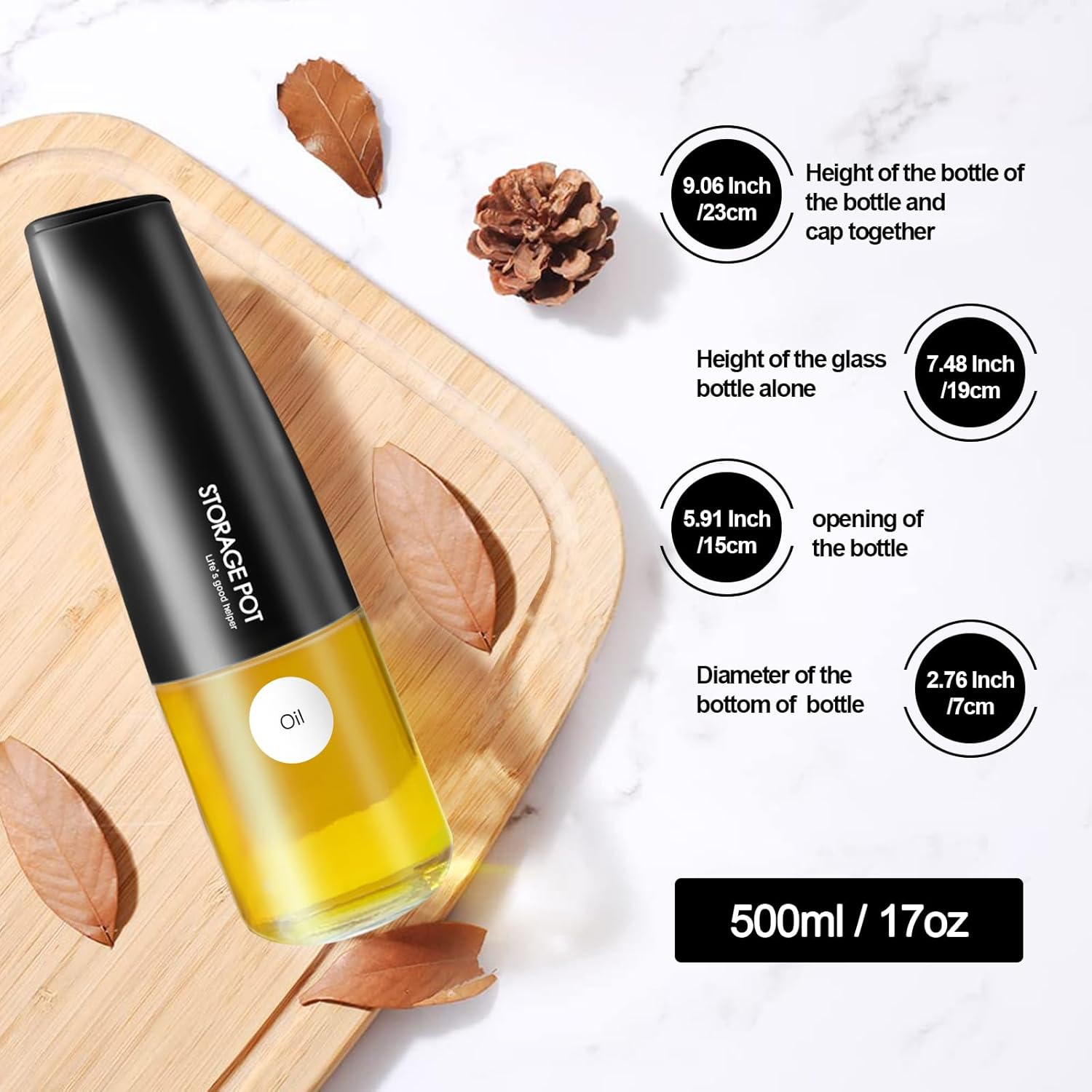 YARRAMATE Olive Oil Dispenser - Large Capacity 500ml Glass Bottle | Leak-Proof & Non-Drip Design (Black)