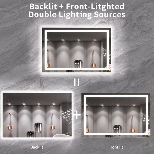 LOAAO LED Bathroom Mirror - 55X36 Anti-Fog, Dimmable, Backlit & Front Lit | Lighted Vanity Mirror with Memory Function, Tempered Glass