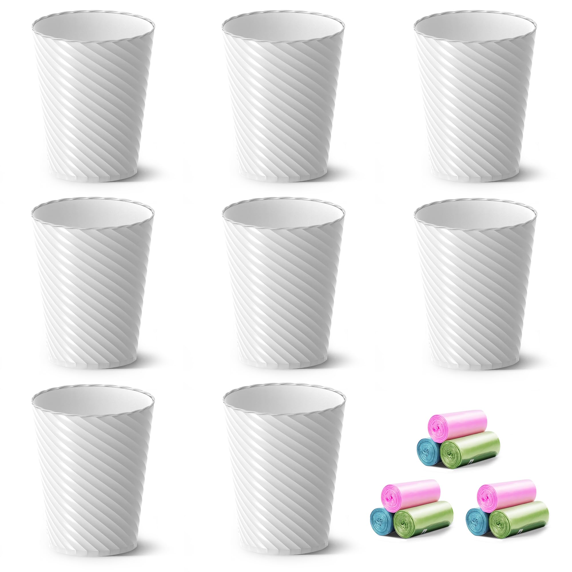 Lysam Bathroom Trash Can, 8 Pack 1.8 Gallons Small Trash Can with Trash Bags, Bathroom Garbage Can, Plastic Trash Bin, Round Waste Basket for Bedroom, Office, Kitchen, Room, Compact Space (White)