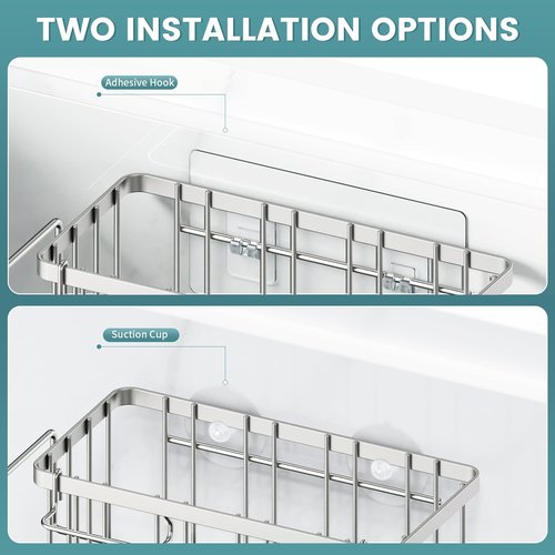 StorageRight 4-in-1 Sponge Holder for Kitchen Sink, Sink Caddy Organizers and Storage with Adhesive Hook & Suction Cups, Rustproof Kitchen Sink Organizer for Home Decor - Silver