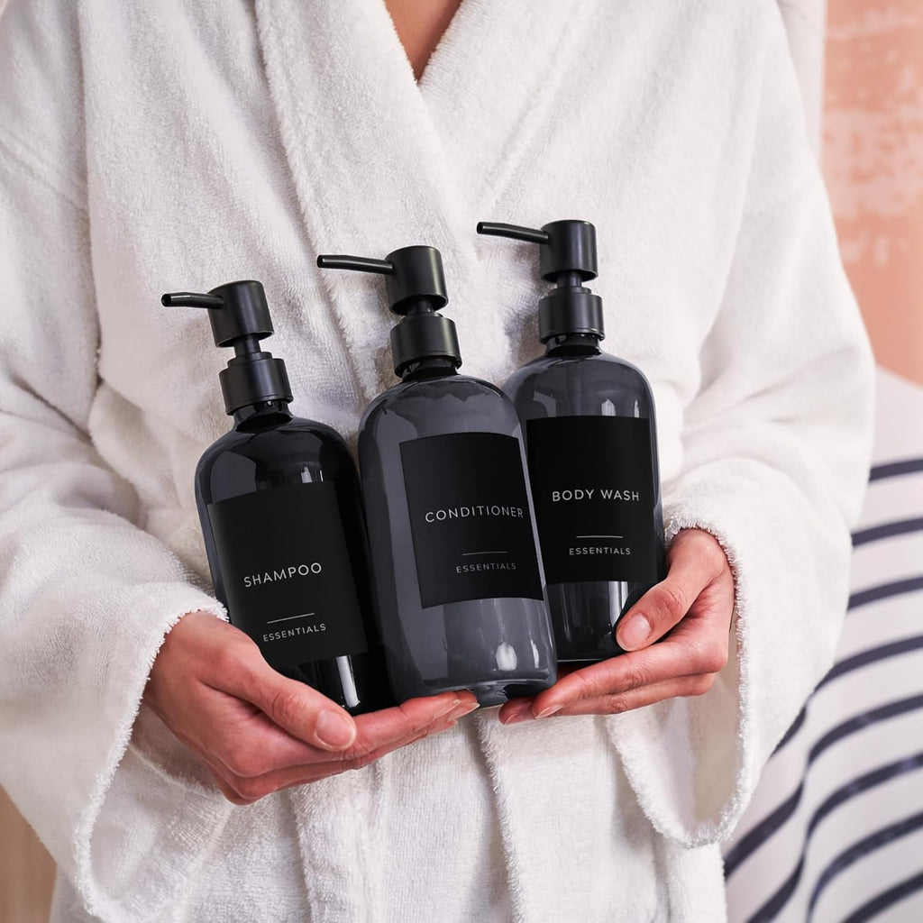 Stylish Shampoo & Conditioner Dispenser Set - Modern 21oz Pump Bottles with Labels | Easy Refill for Bathroom Decor - Black
